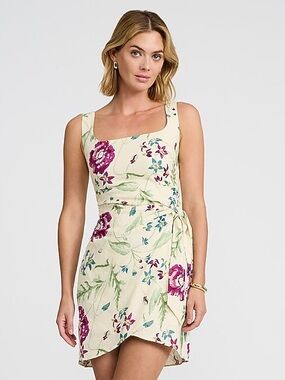 Express Summer-Blend Linen Floral Wrap Tie Smocked Back Mini Sheath Dress
